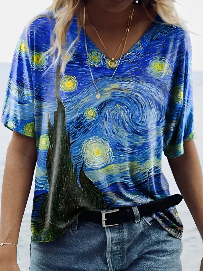 Van Gogh sterrenhemel met opdruk v-hals t-shirt