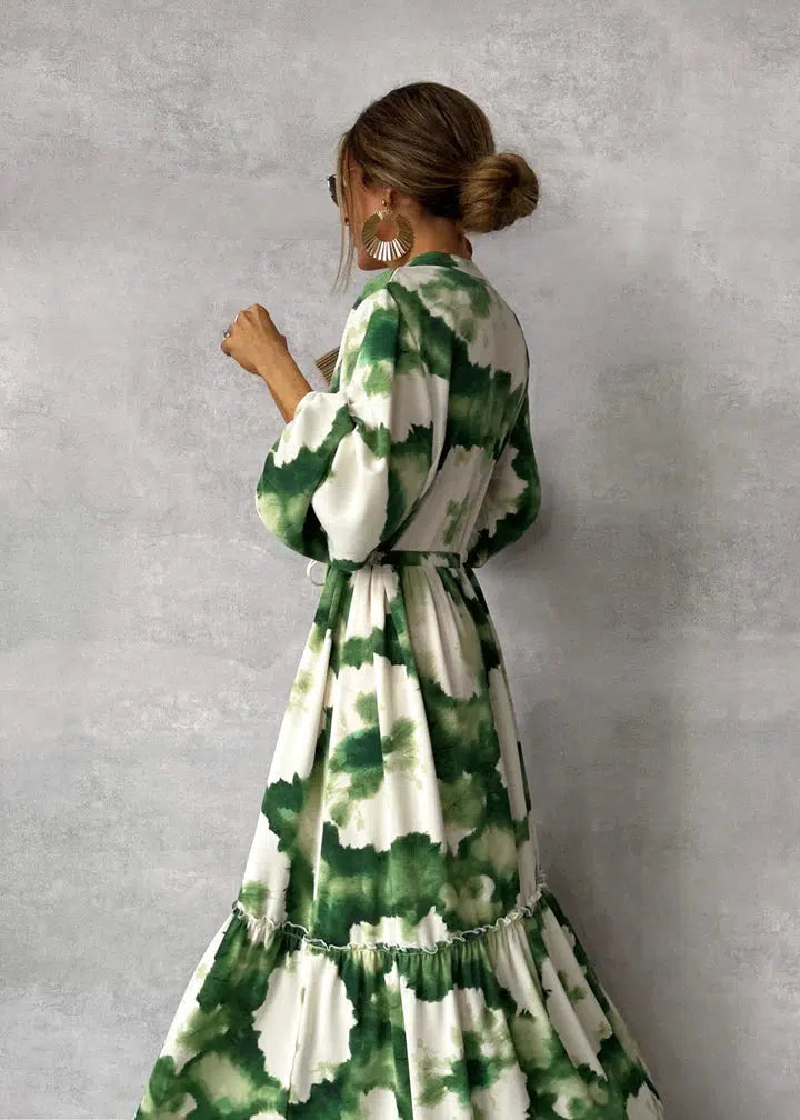 Charlotte - elegante groene maxi-jurk met v-hals en lange mouwen