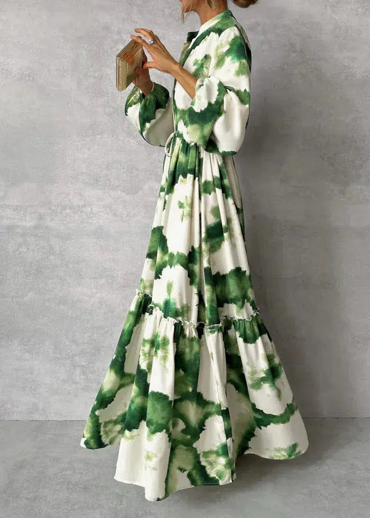 Charlotte - elegante groene maxi-jurk met v-hals en lange mouwen