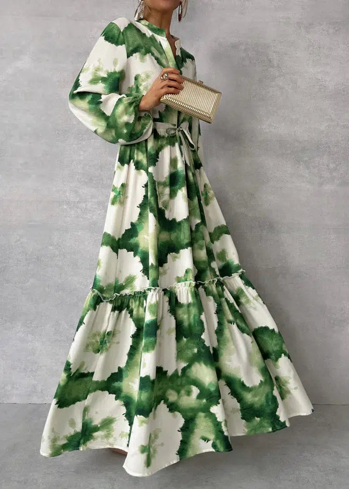 Charlotte - elegante groene maxi-jurk met v-hals en lange mouwen