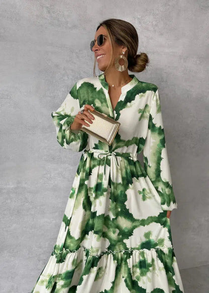 Charlotte - elegante groene maxi-jurk met v-hals en lange mouwen